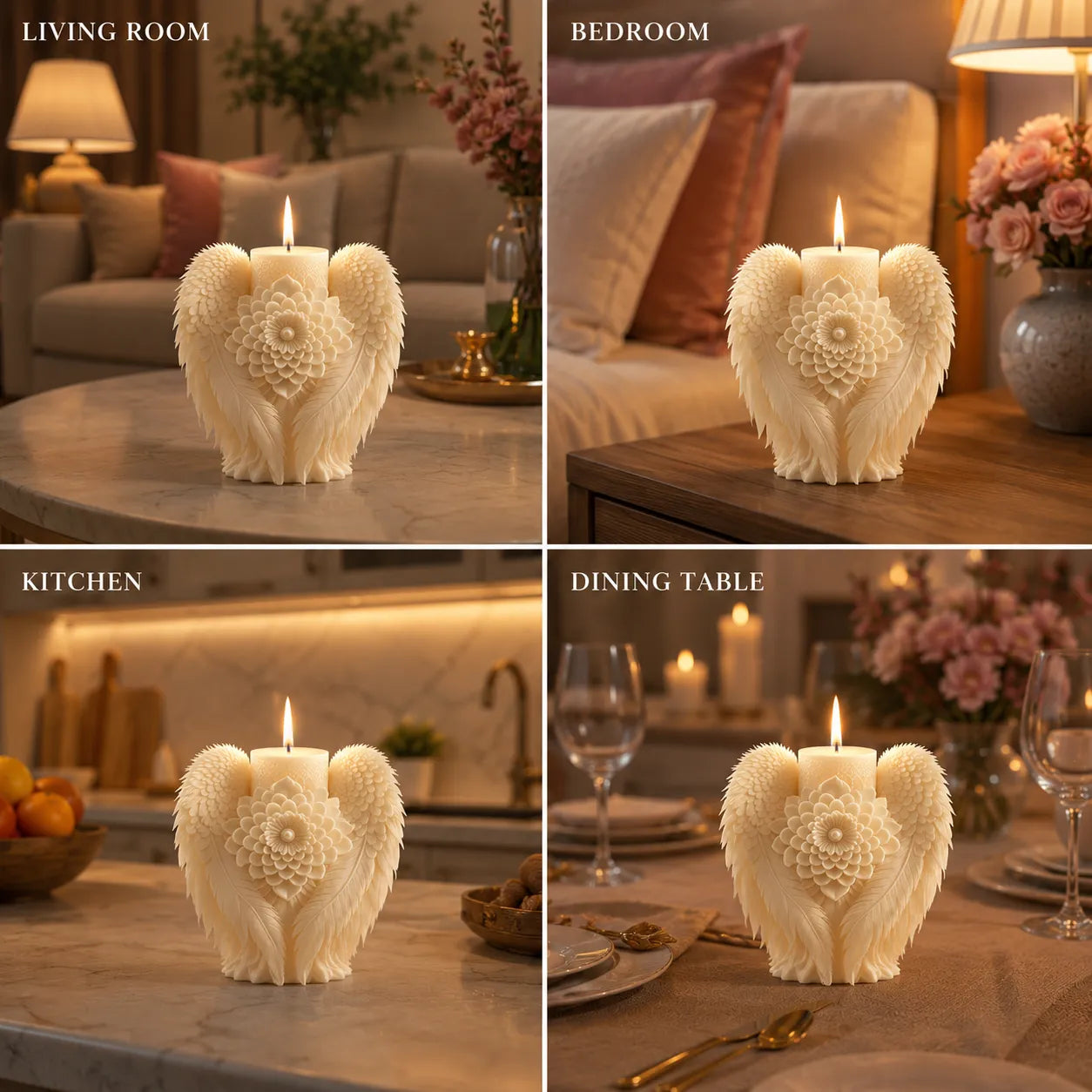 Heart-shaped candle with floral design in various settings including living room, bedroom, kitchen, and dining table.