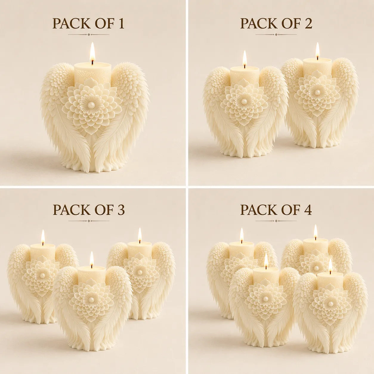 Set of decorative candles in the shape of elephants with embossed patterns, displayed in packs of 1 to 4 on a neutral background.