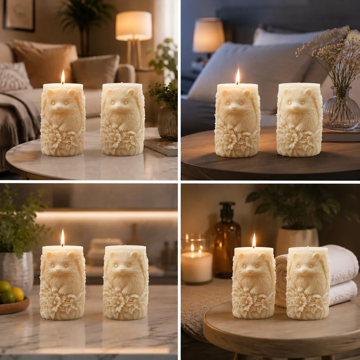 Four different settings with decorative candles shaped like animals on a table.