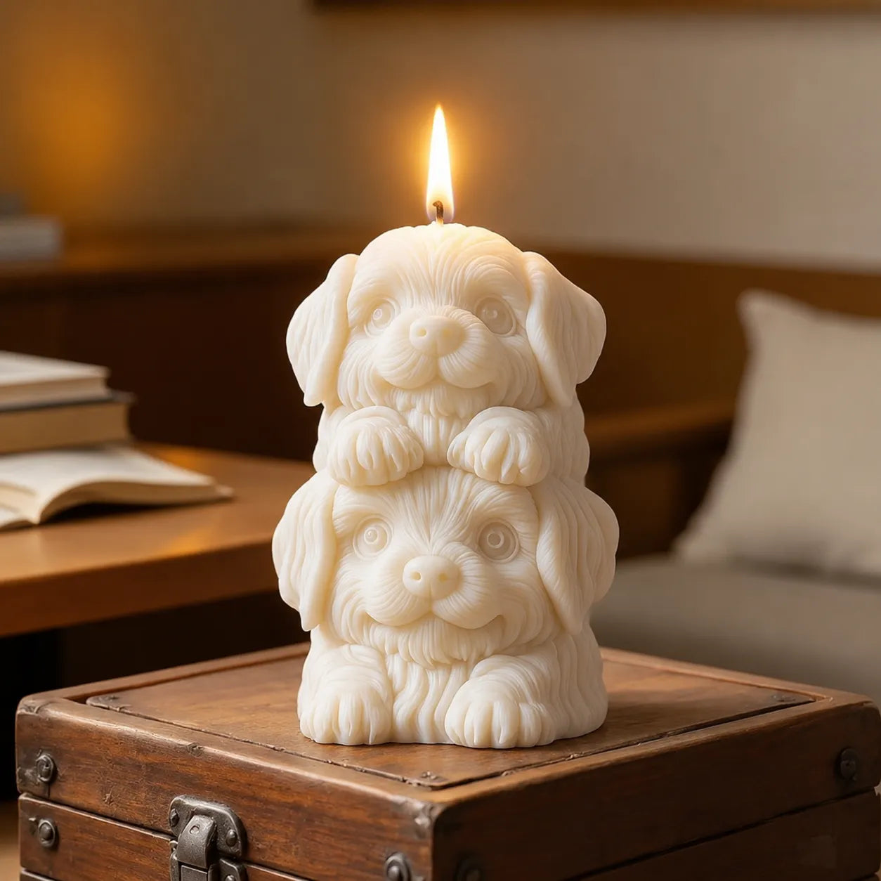 Candle shaped like a stack of puppies on a wooden box with a blurred background