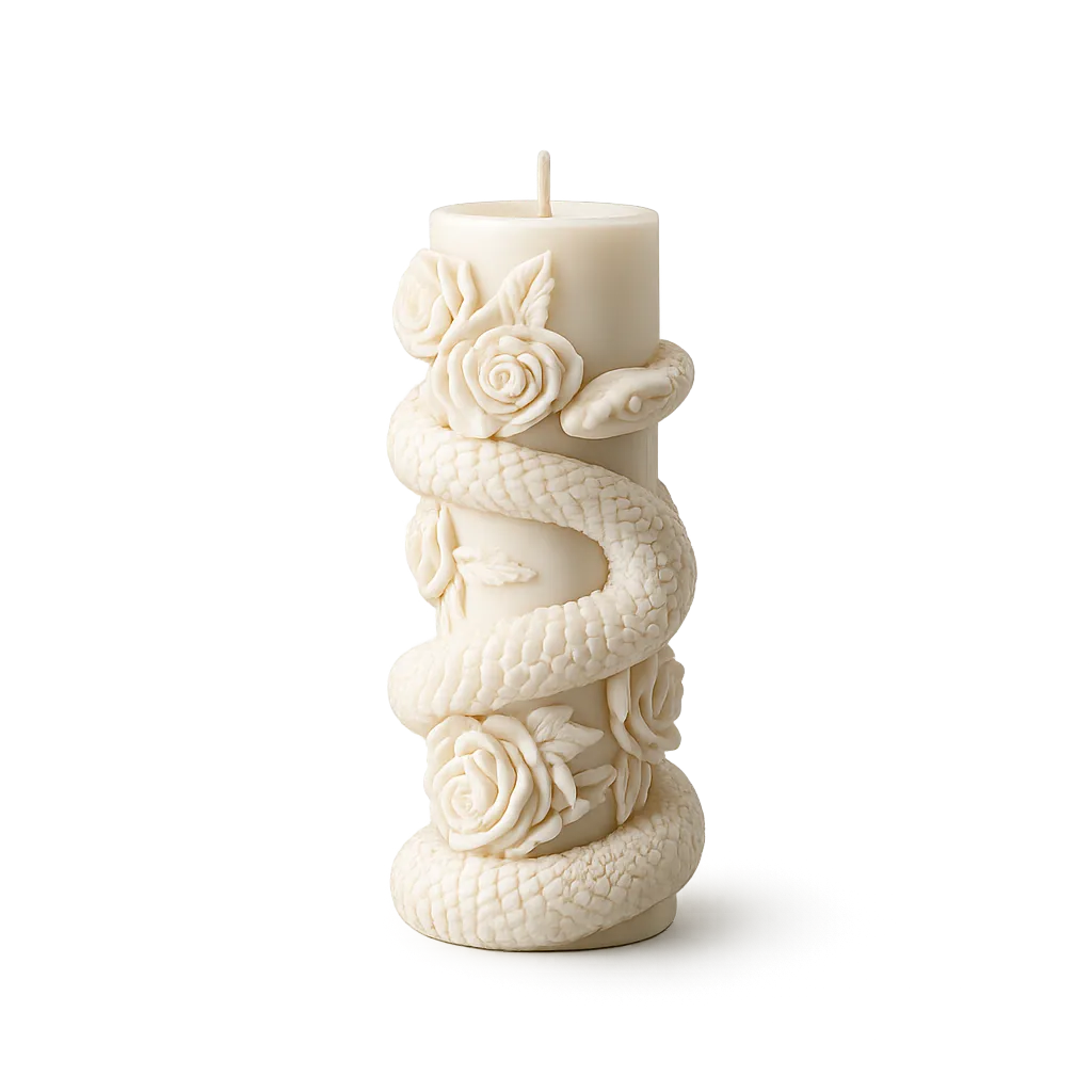 Decorative candle with snake and rose design on a white background