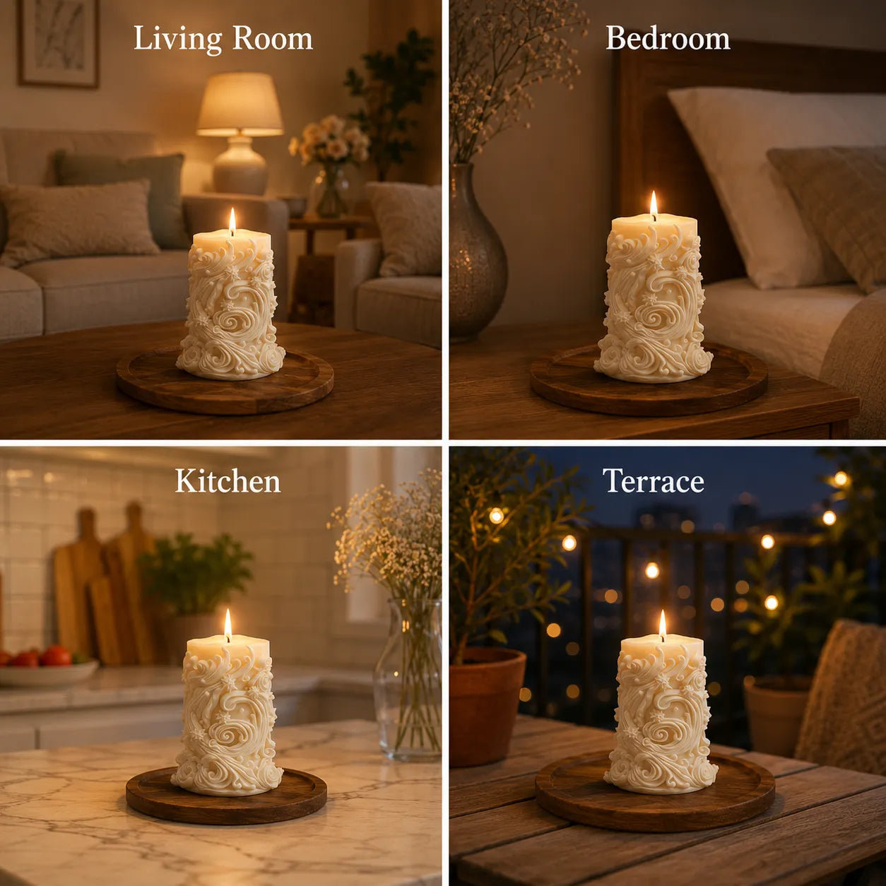 Decorative candle on a wooden holder in various settings including living room, bedroom, kitchen, and terrace.