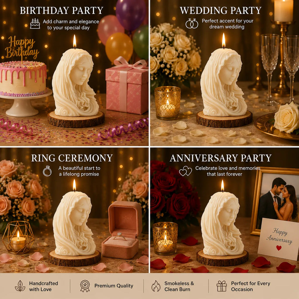 Decorative candles with faces on stands for various special occasions including birthday, wedding, ring ceremony, and anniversary.