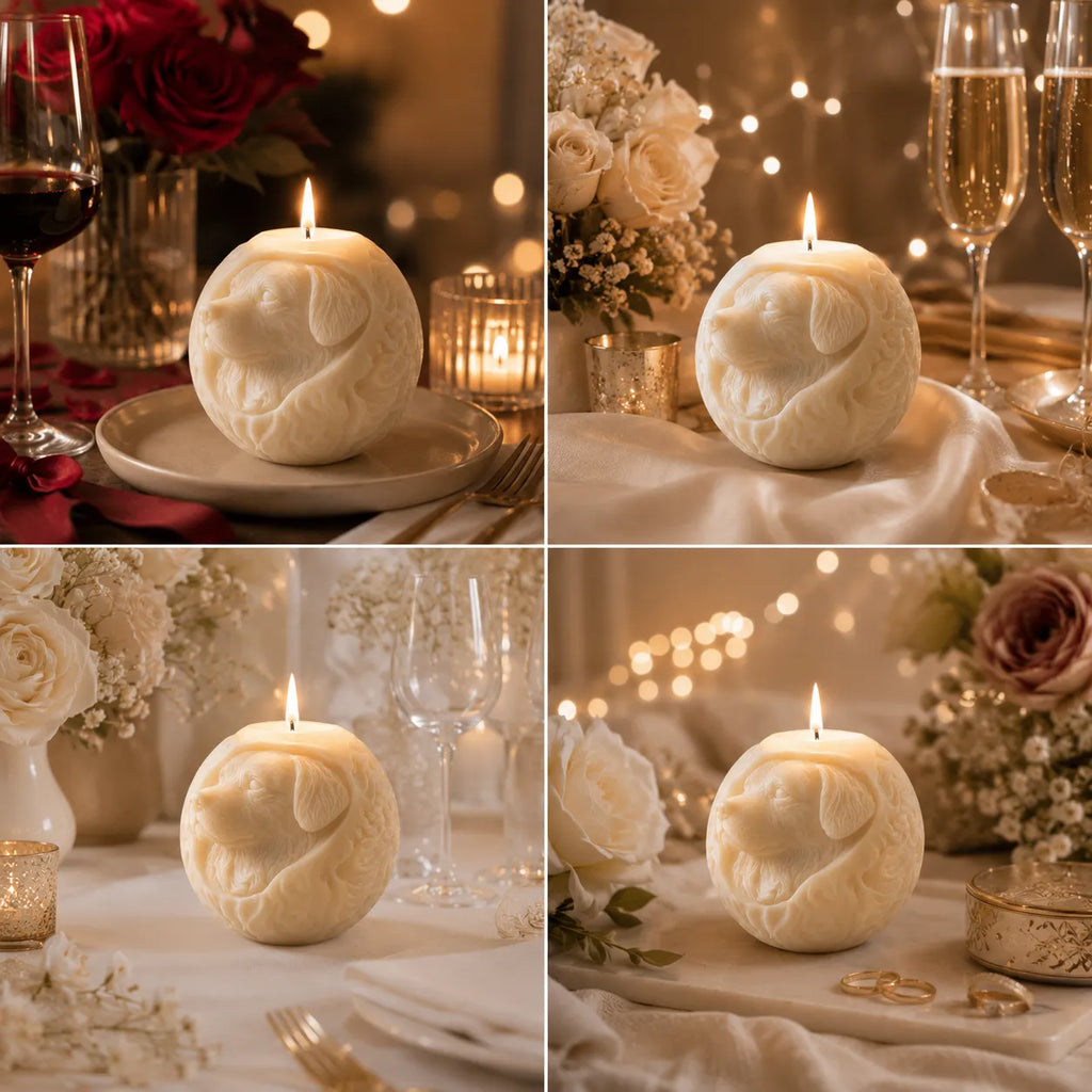 Collage of a decorative candle shaped like a dog on a table with wine glasses and flowers.