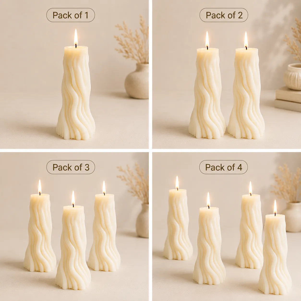 Set of four images showing candles in packs of 1, 2, 3, and 4 on a neutral background.