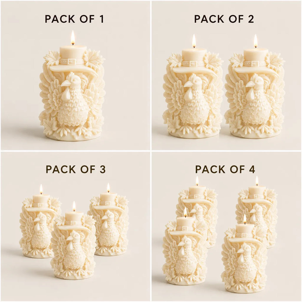 Decorative candles with a bird design in packs of 1, 2, 3, and 4 on a light background.