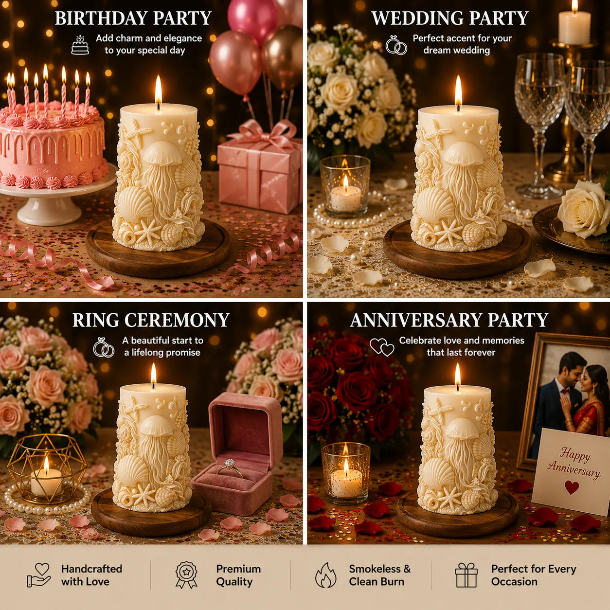 Decorative candles with romantic settings for birthday, wedding, ring ceremony, and anniversary parties.