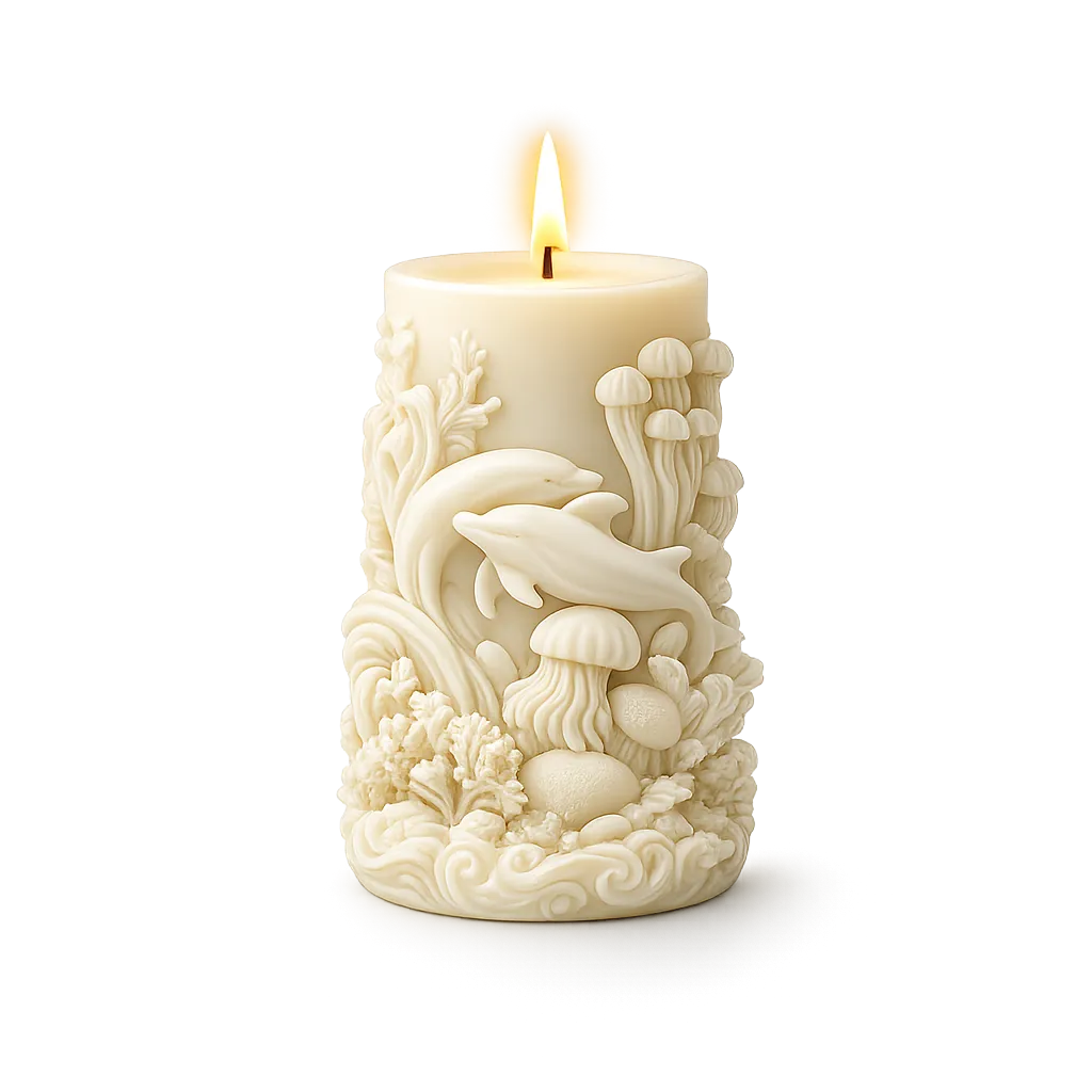 Decorative candle with dolphin and sea creature designs on a white background