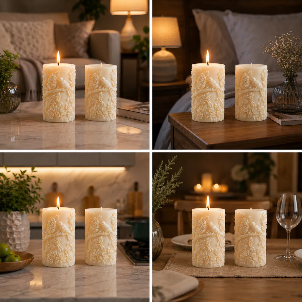 Collage of decorative candles with intricate designs in various settings.