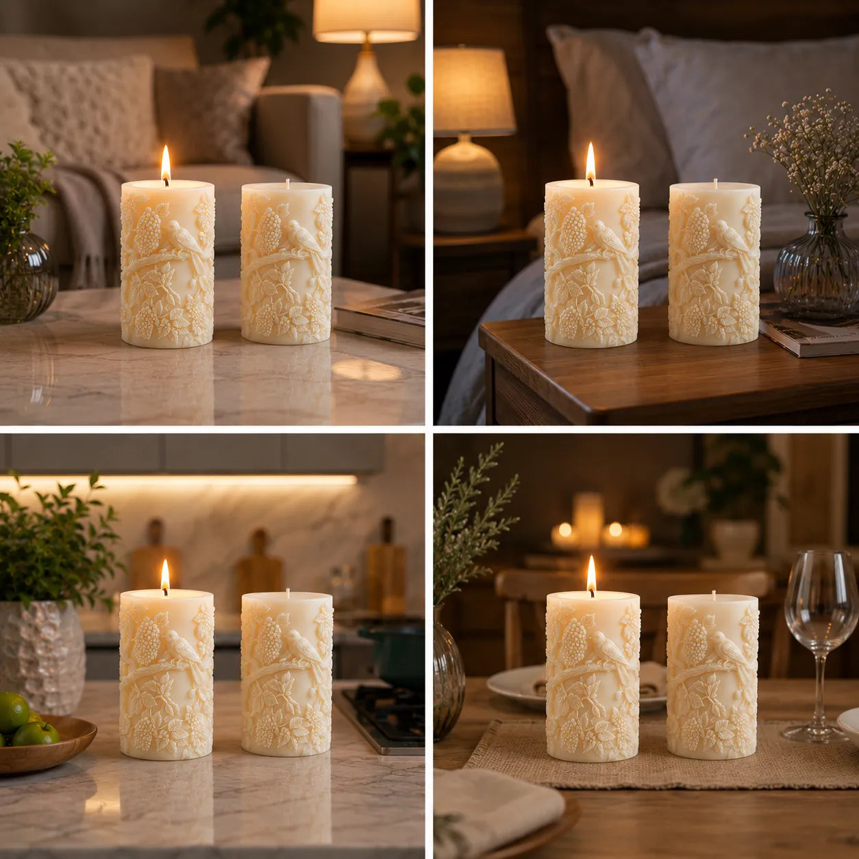 Collage of decorative candles with intricate designs in various settings.