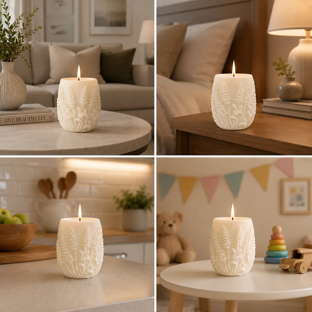 Decorative candle with lace design in various settings including a living room, bedroom, kitchen, and playroom.