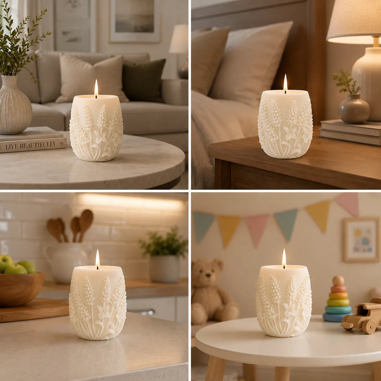 Decorative candle with lace design in various settings including a living room, bedroom, kitchen, and playroom.