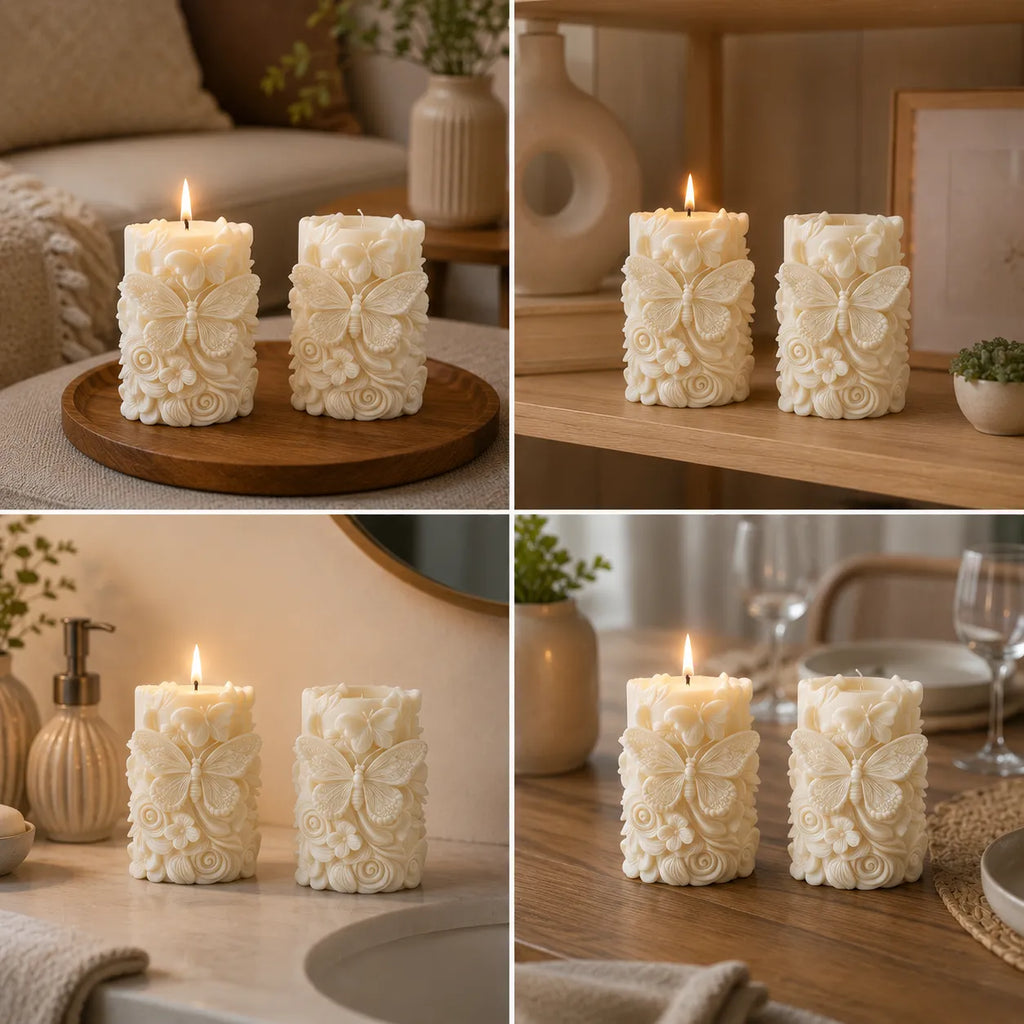 Decorative candles with butterfly designs on a wooden surface in various settings.