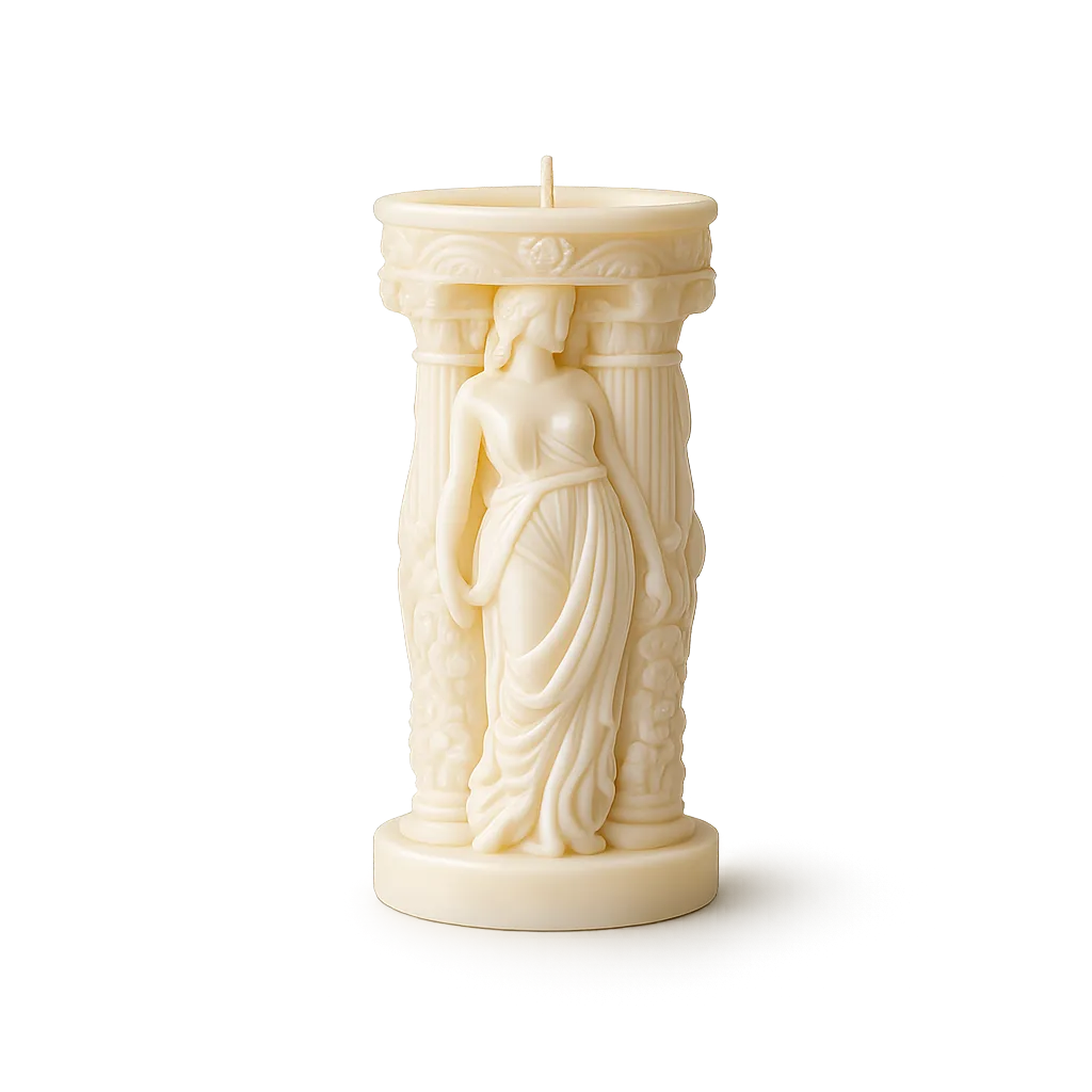 Decorative candle with a woman's figure and architectural elements on a white background