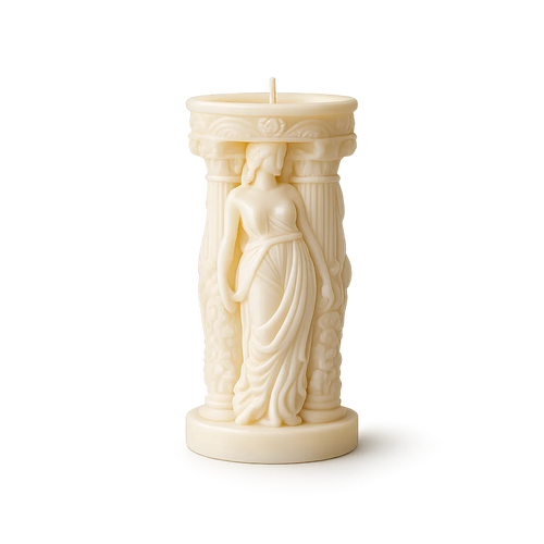 Decorative candle with a woman's figure and architectural elements on a white background