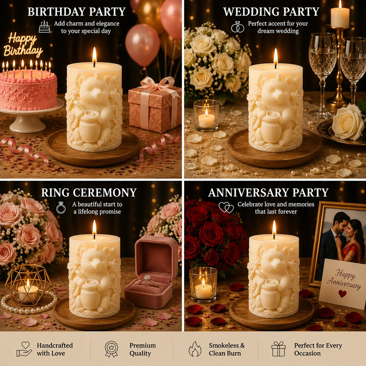 Decorative candles with bear design in various settings for birthday, wedding, ring ceremony, and anniversary parties.