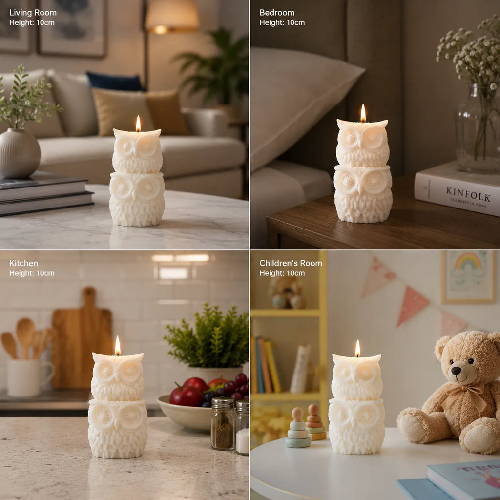 Owl-shaped candle in various settings including a living room, bedroom, kitchen, and children's room.