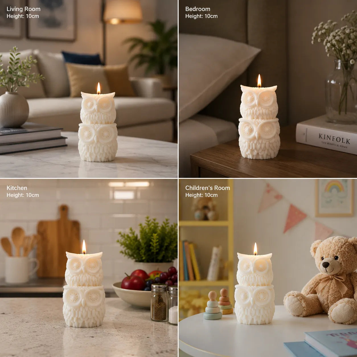 Owl-shaped candle in various settings including a living room, bedroom, kitchen, and children's room.
