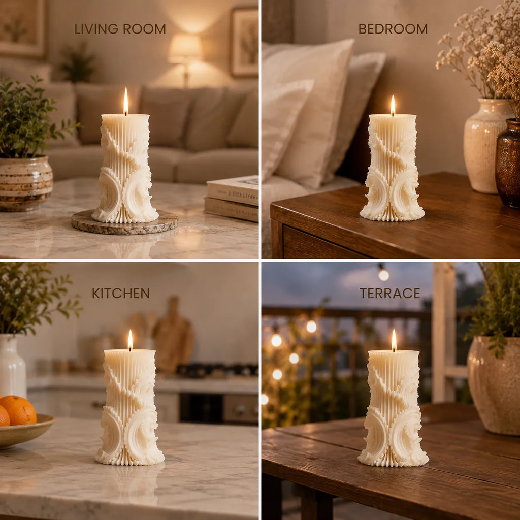 Decorative candle with intricate design in various settings including living room, bedroom, kitchen, and terrace.
