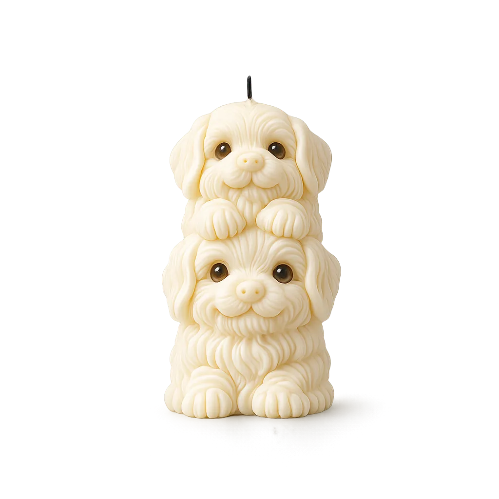 Candle shaped like two stacked puppies on a white background