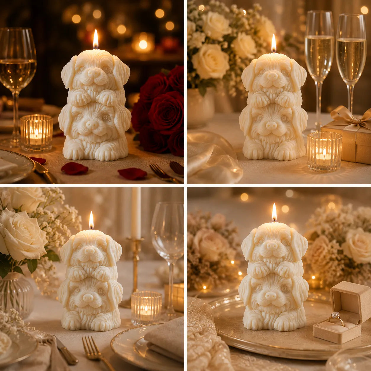 Decorative candle with animal design on a table setting with wine glasses and flowers.