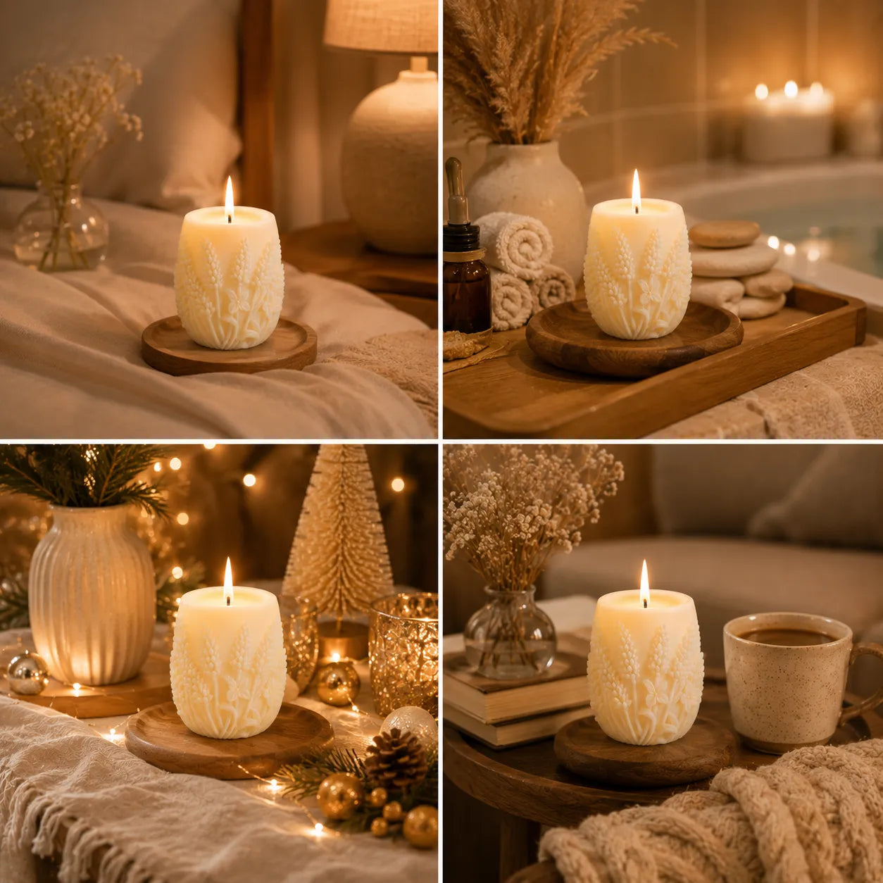 Collage of candles in various settings with warm lighting and cozy decor.