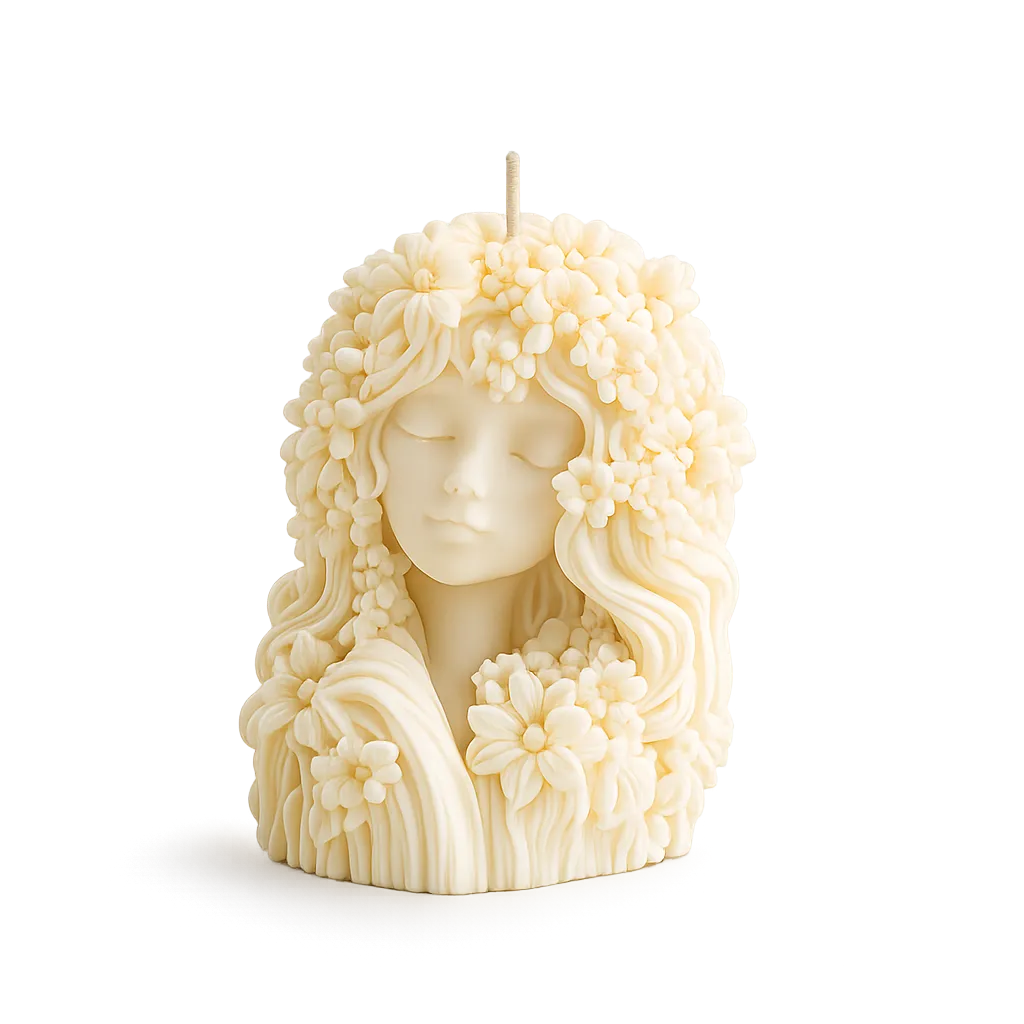 Candle shaped like a woman's face with floral hair on a white background