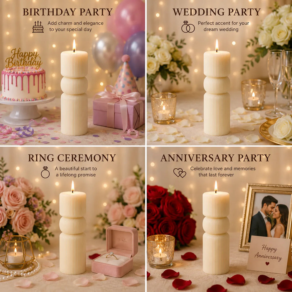 Collage of candles with text for birthday, wedding, ring ceremony, and anniversary parties.