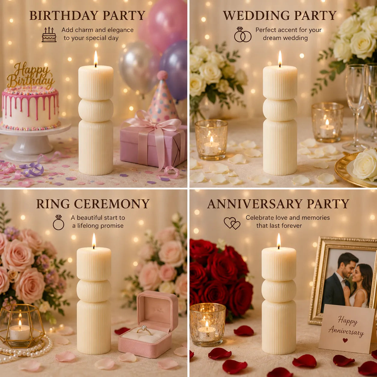 Collage of candles with text for birthday, wedding, ring ceremony, and anniversary parties.
