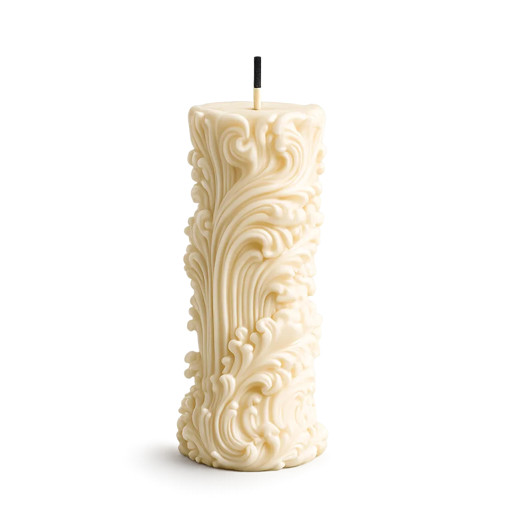 Decorative candle with intricate patterns on a white background