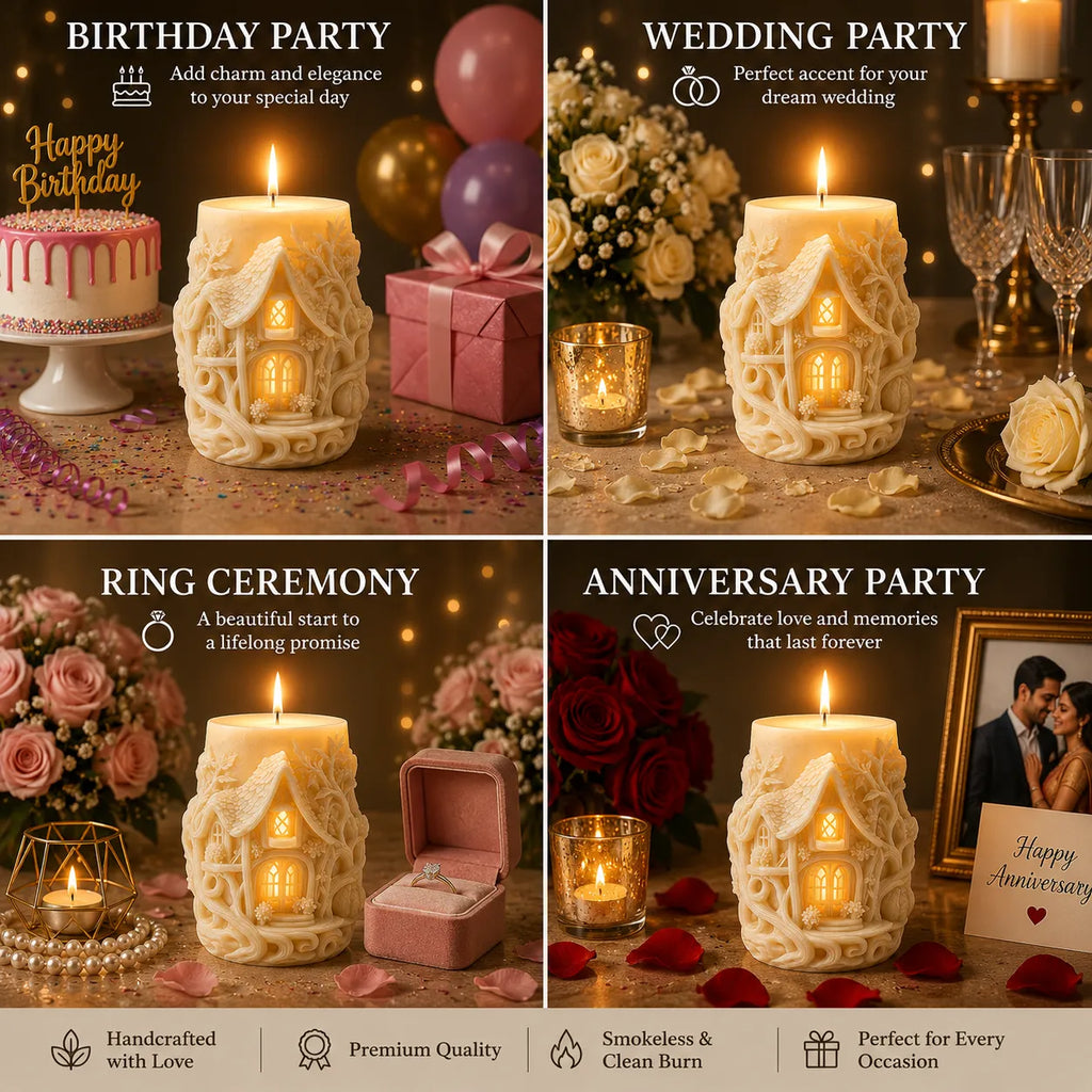 Decorative candles with house design in various settings for birthday, wedding, ring ceremony, and anniversary parties.