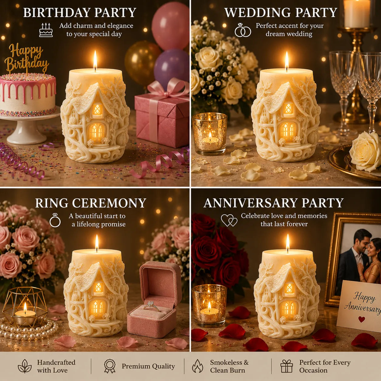 Decorative candles with house design in various settings for birthday, wedding, ring ceremony, and anniversary parties.