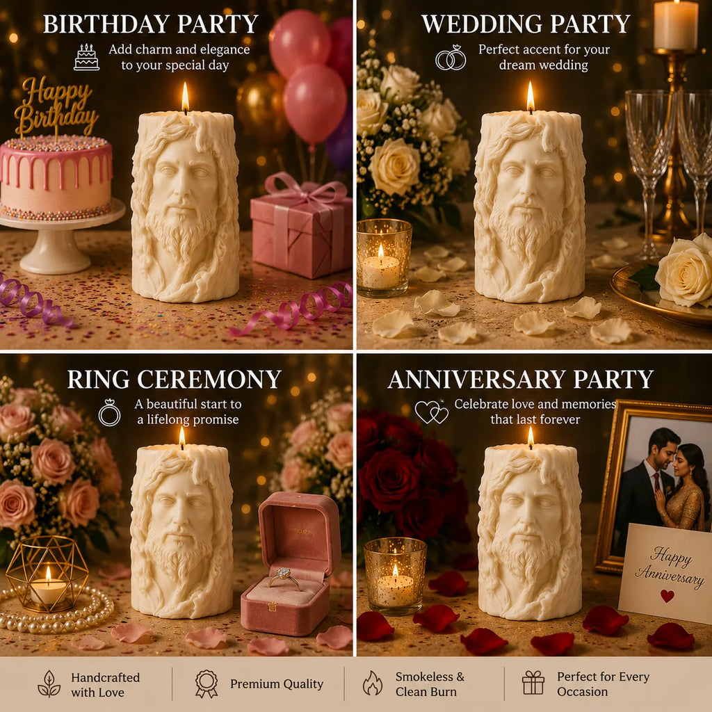 Candle with face design used for birthday, wedding, ring ceremony, and anniversary parties.