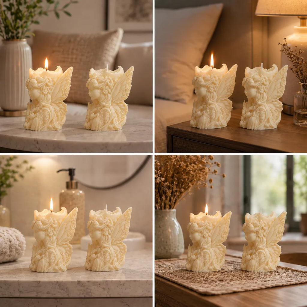 Collage of four images featuring decorative candles shaped like fairies on various surfaces.