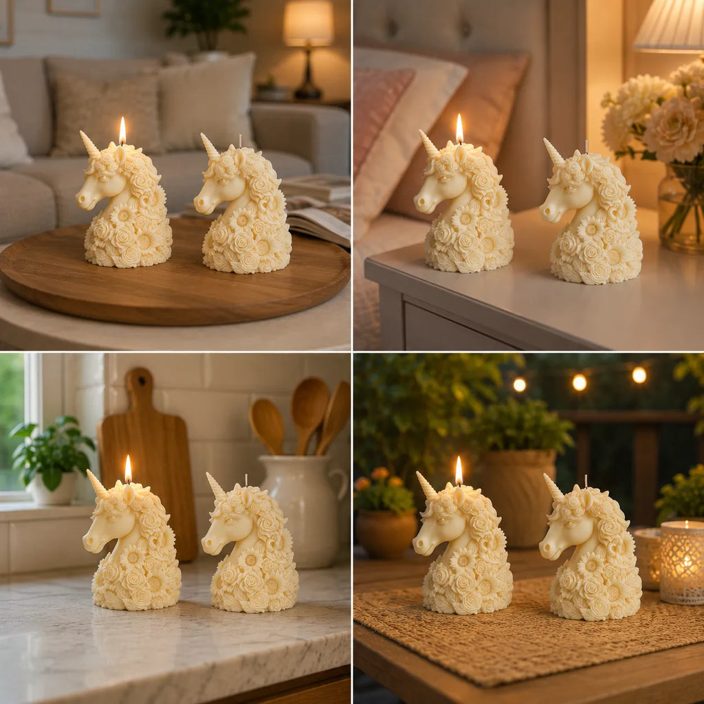 Collage of unicorn-shaped candles in various settings including a living room, bedroom, kitchen, and outdoor area.
