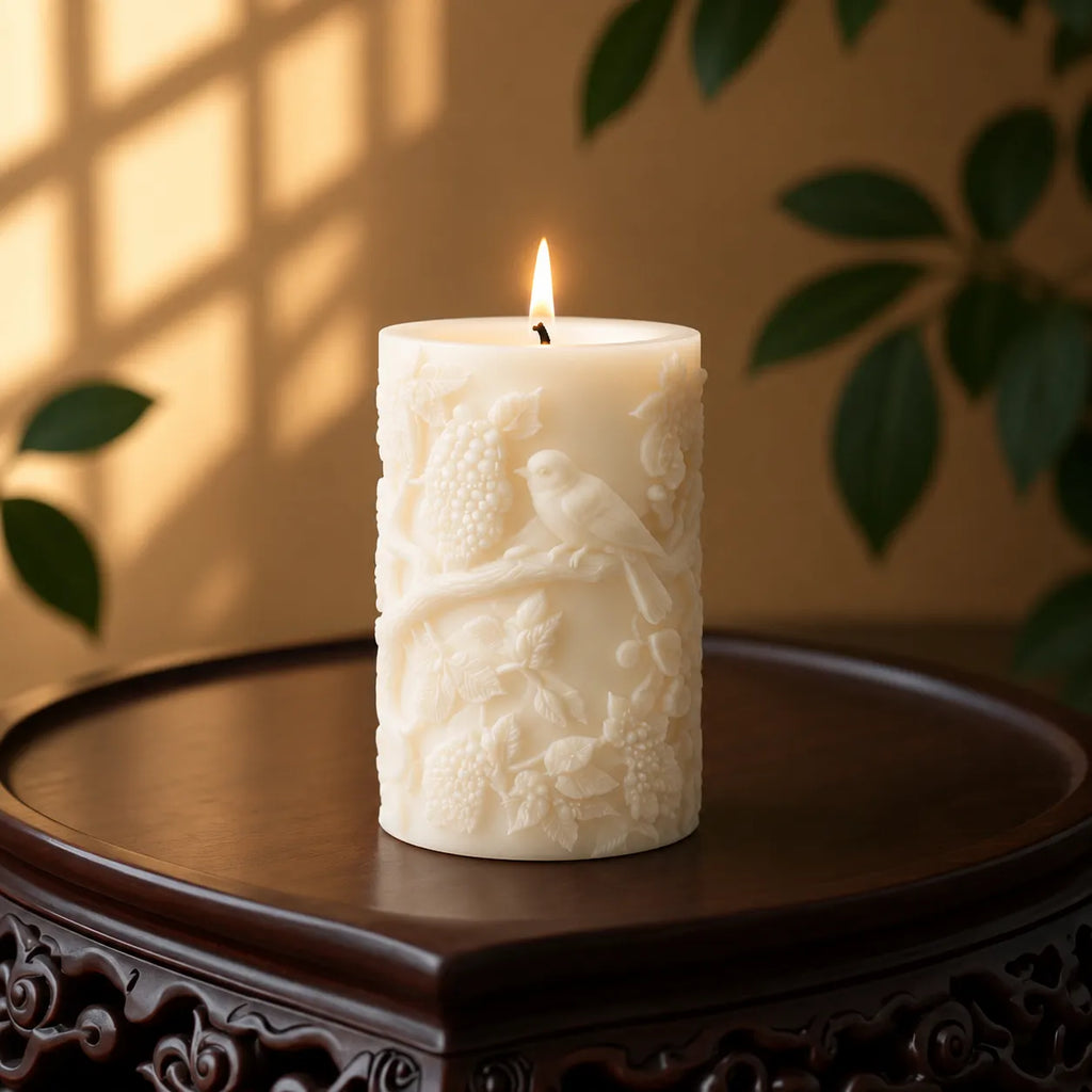 Decorative candle with intricate design on a wooden surface with leaves in the background