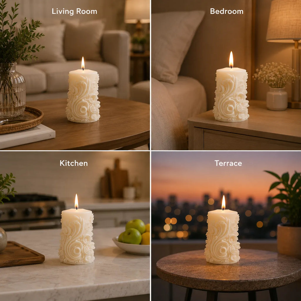 Candle with intricate design in various settings including living room, bedroom, kitchen, and terrace.