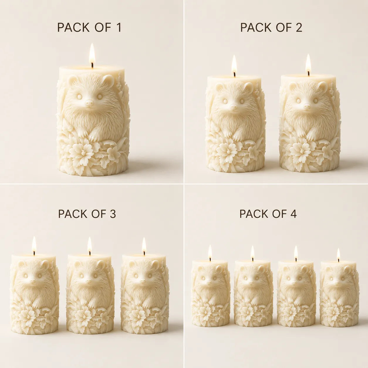Hedgehog-shaped candles in various pack sizes on a light background