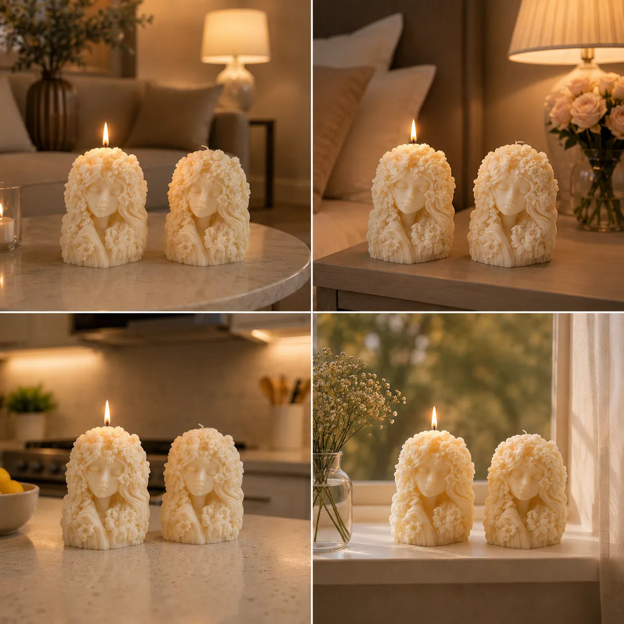 Collage of four images showing decorative candles with face carvings on a table.
