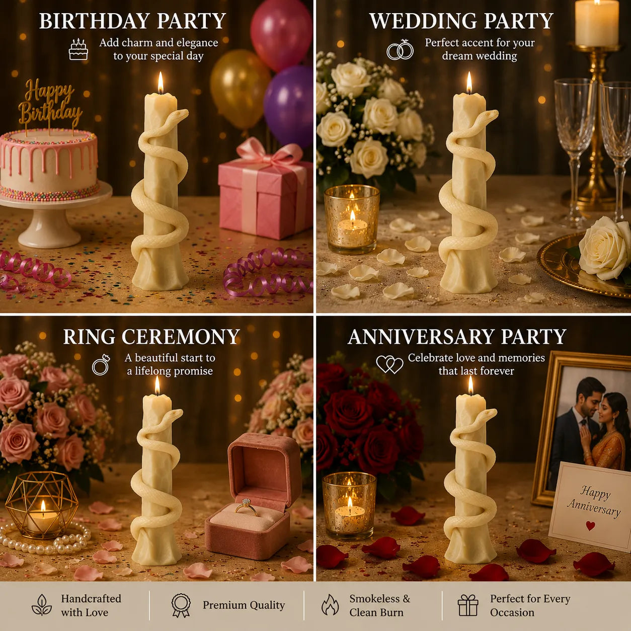 Decorative candles with romantic settings for birthday, wedding, ring ceremony, and anniversary parties.