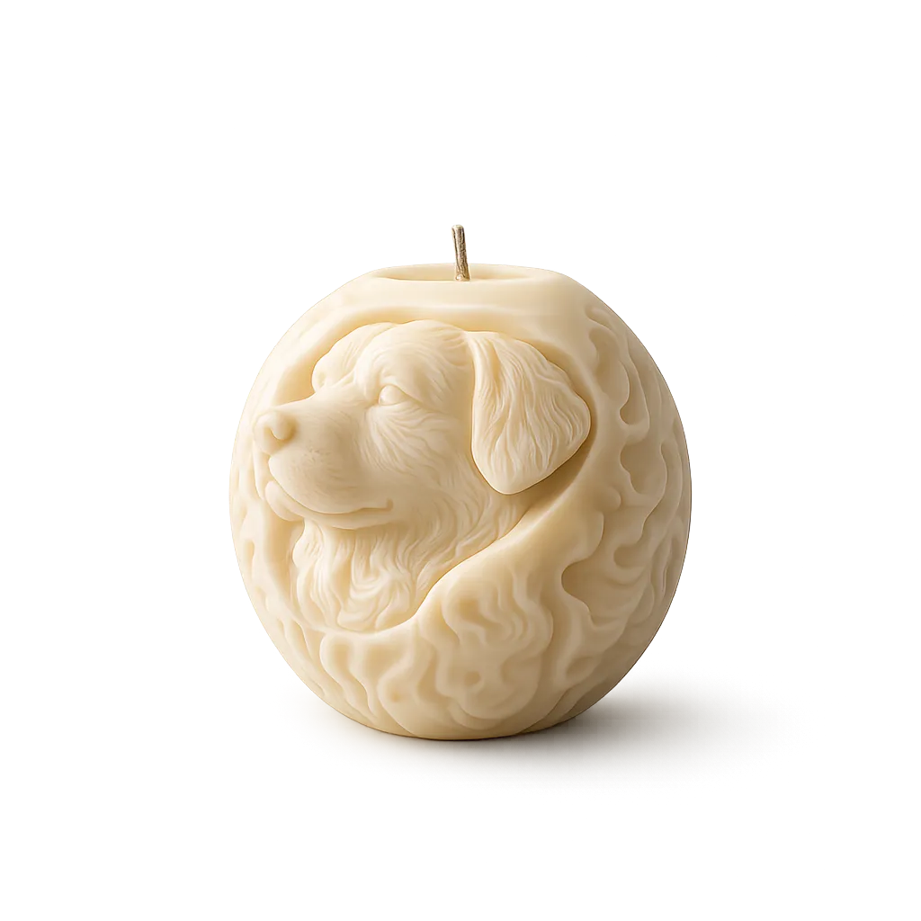 Candle shaped like a dog's head on a white background