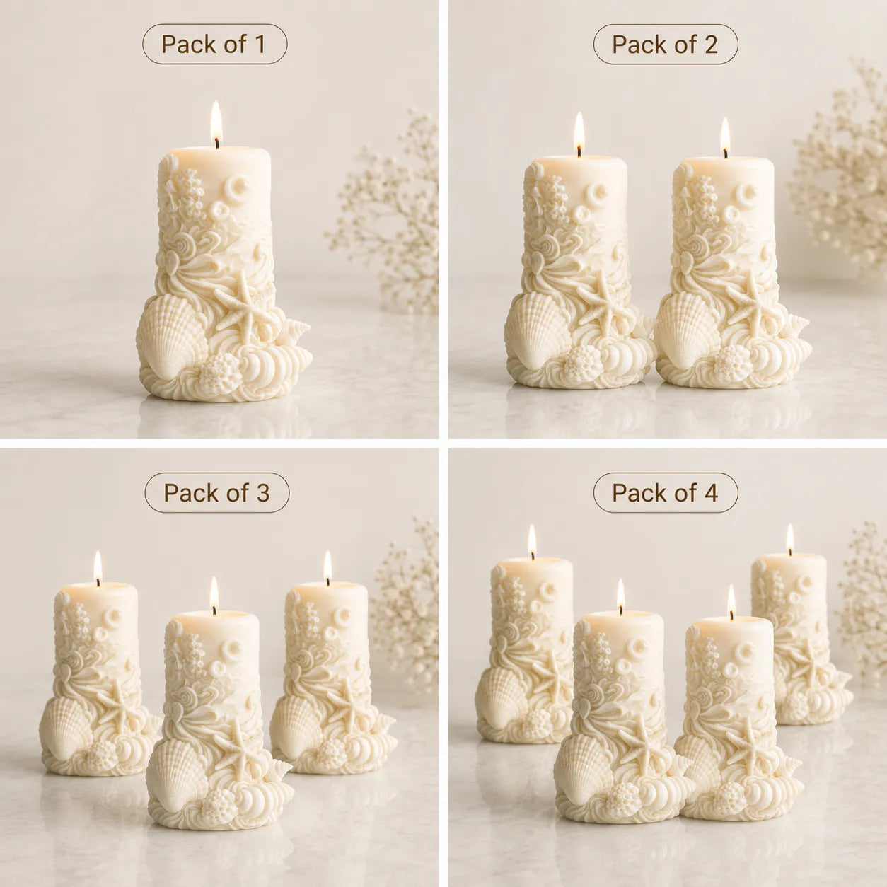 Decorative candles in various pack sizes on a neutral background