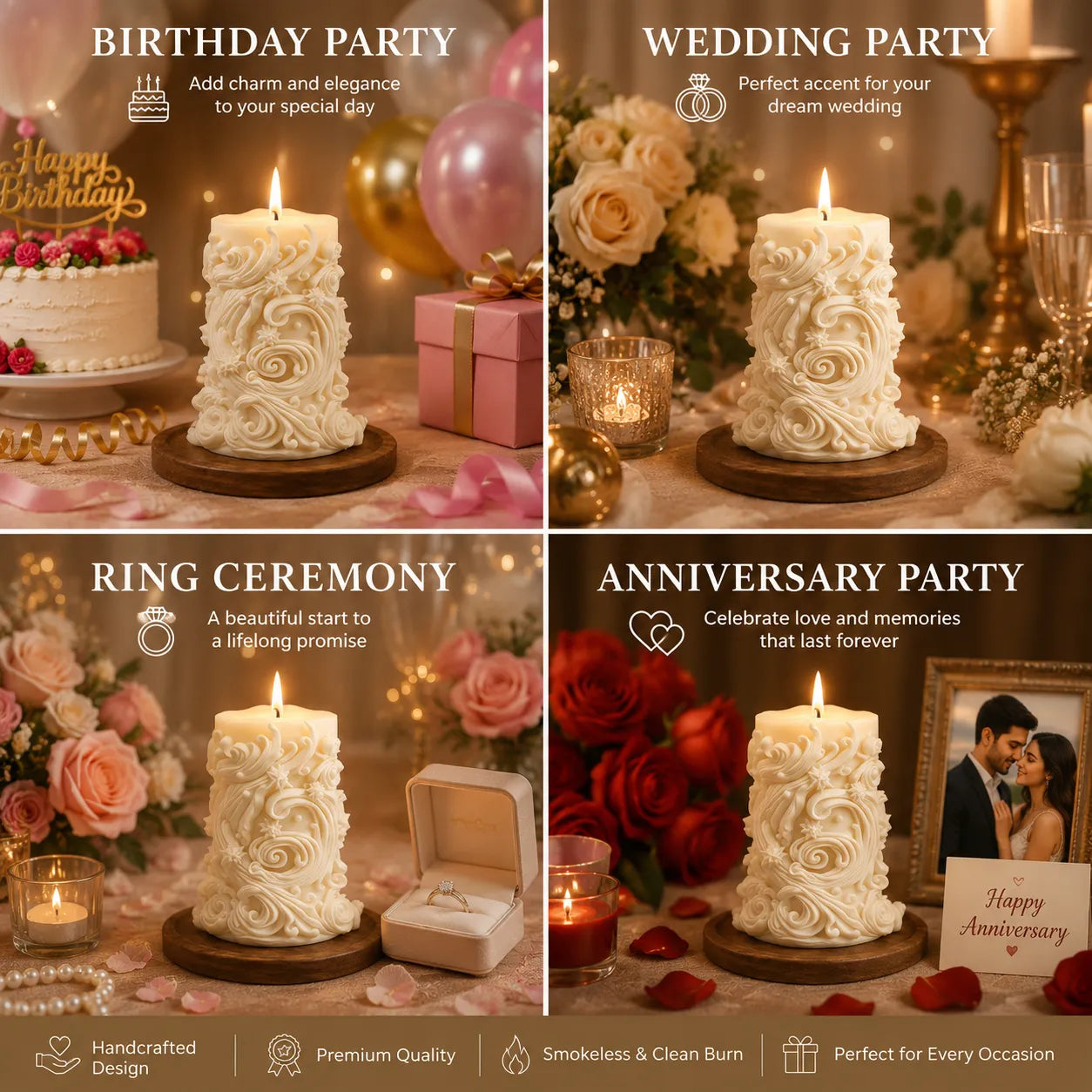 Collage of candles with text for birthday, wedding, ring ceremony, and anniversary parties.