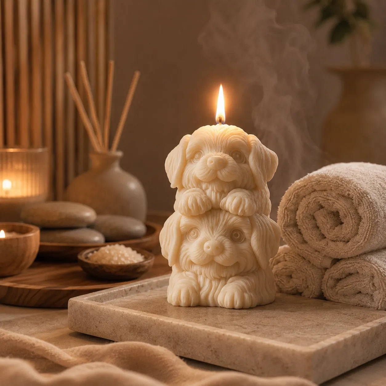 Candle shaped like a stack of puppies on a stone surface with towels and reed diffuser in the background.
