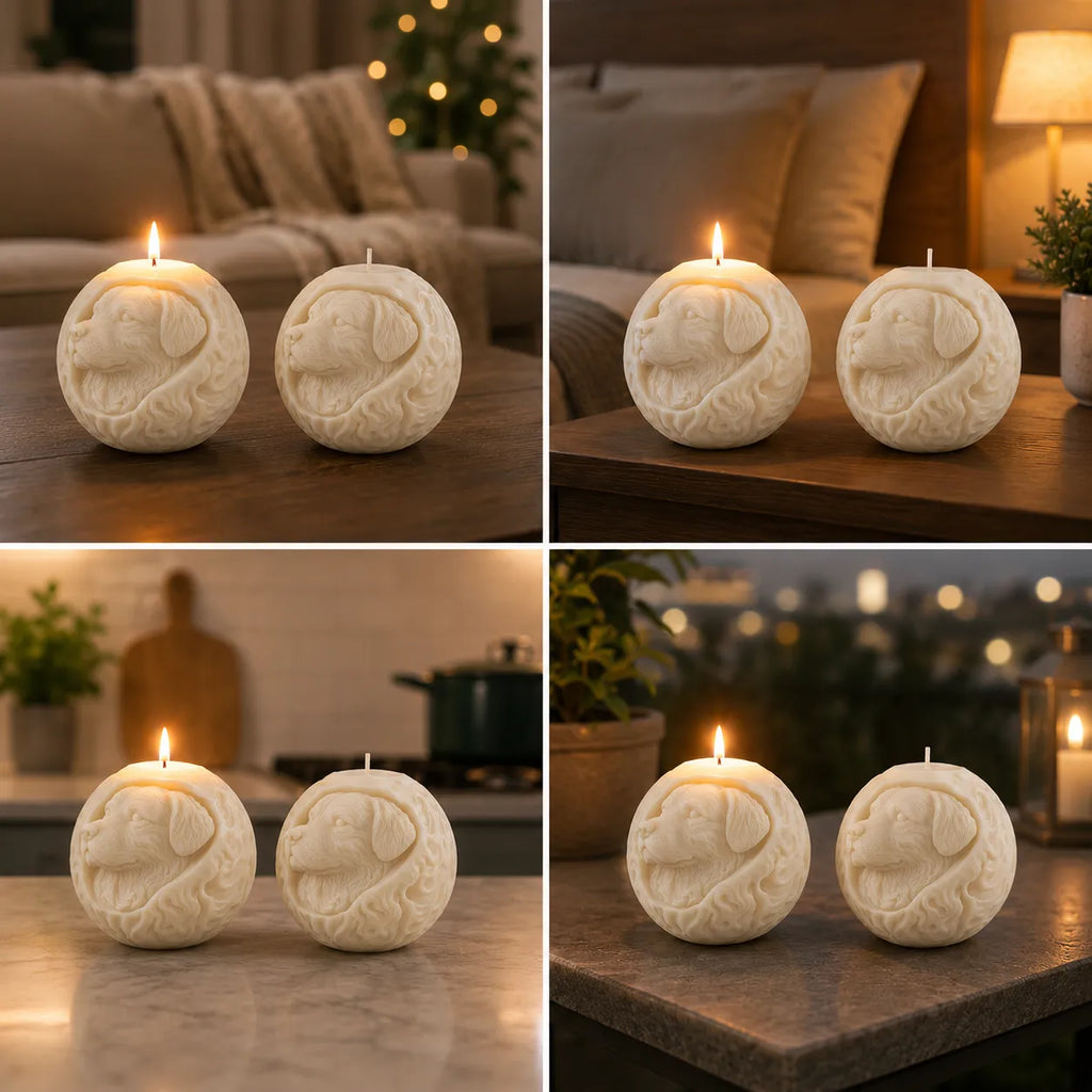 Set of four images showing dog-shaped candles on a wooden surface with a warm, cozy background.