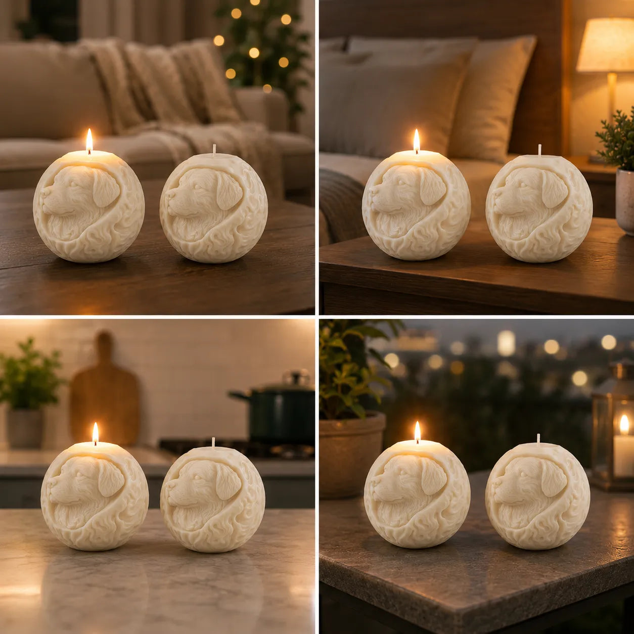 Set of four images showing dog-shaped candles on a wooden surface with a warm, cozy background.