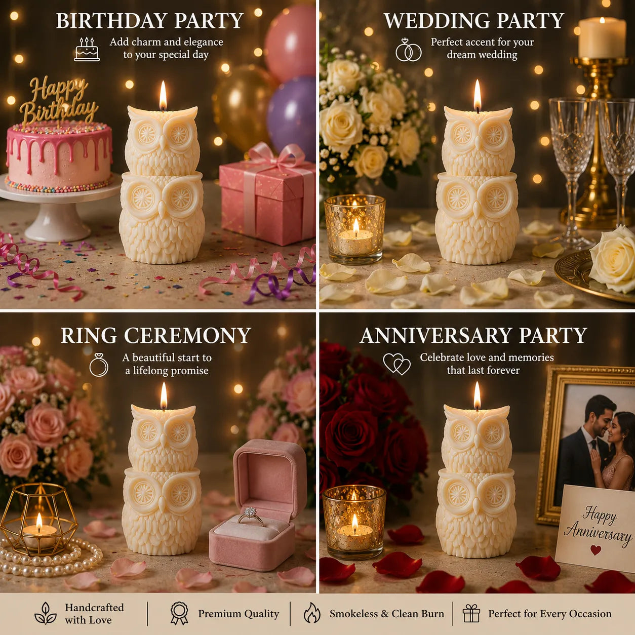 Collage of owl-shaped candles used for birthday, wedding, ring ceremony, and anniversary parties.