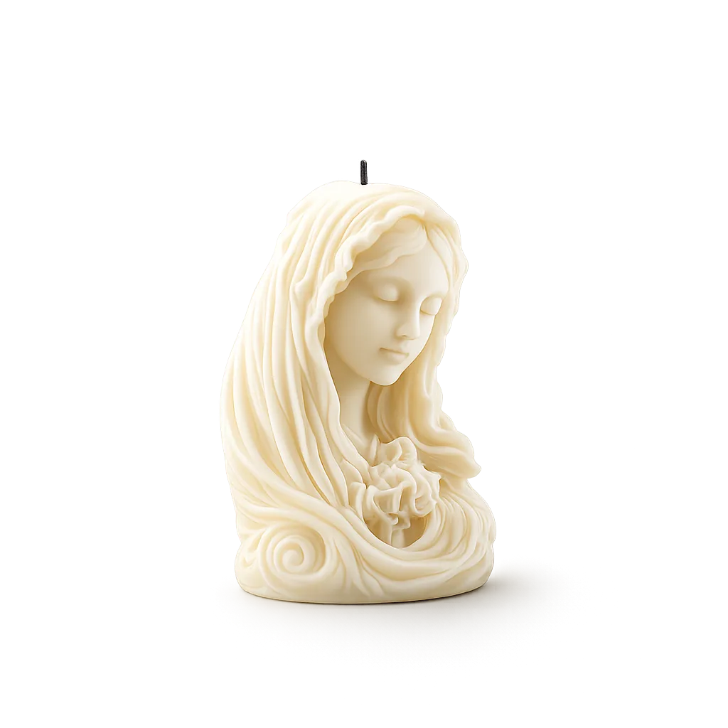 Candle shaped like a woman's face with long hair on a white background