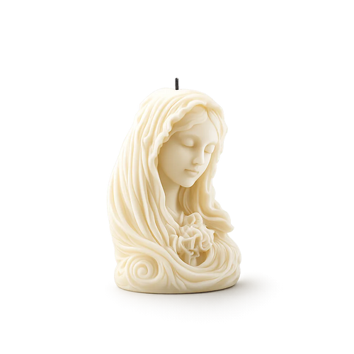 Candle shaped like a woman's face with long hair on a white background
