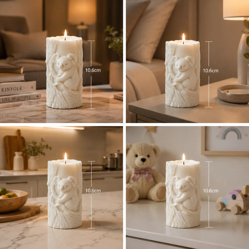 White candle with bear design on a marble surface, surrounded by books and decor items.